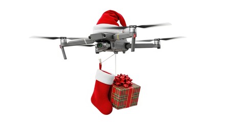 Santa's drone delivering Christmas gifts and stocking, isolated on white background