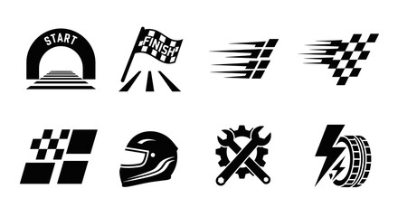 Collection Of Racing And Speed Related Icons With Start Finish Line Arch Chequered Flags Helmet And Tire Symbol On A White Background