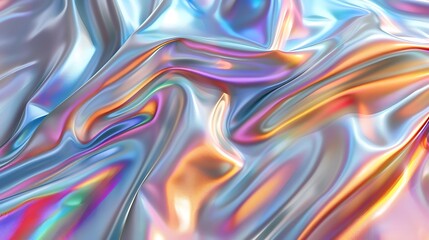 Iridescent fabric with flowing folds and colorful reflections creating a smooth and shiny texture