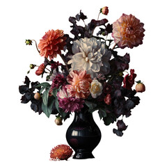 Vivid still life of a floral arrangement featuring dahlias, roses, and varied dark foliage