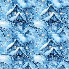 Seamless pattern of  cozy winter houses, snowflakes and trees. Winter watercolor illustration.