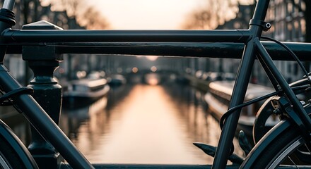 A tranquil urban canal bathed in the warm light of sunrise or sunset, viewed through the soft silhouette of a bicycle, creating a picturesque and serene cityscape