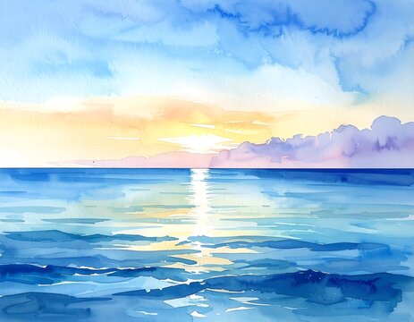Watercolor painting of a tranquil ocean scene at sunrise. Hues of blue, purple, and yellow blend to create a serene atmosphere
