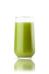 Bright green fresh vegetable pulpy juice of mix cucumber, spinach, celery in glass, isolated. Energy vitamin vegetable smoothie for healthy fitness menu, diet program or wholesome restaurant cuisine.