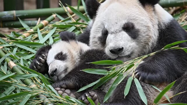 Giant panda mother gently resting on her cub, both sleeping soundly surrounded by fresh bamboo, showing a tender moment of family bond and maternal protection in nature