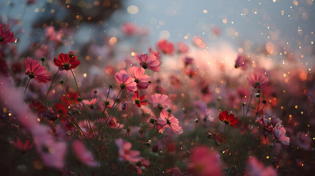 Pink and red cosmos flowers with golden bokeh pink flowers red flowers