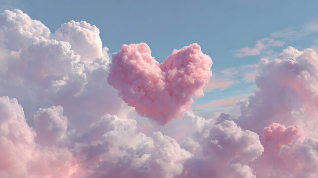Pink heart shaped cloud floating among fluffy pastel clouds against a soft blue sky pink heart cloud - Powered by Adobe