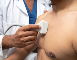 Doctor performing an ultrasound scan on a male patient's chest