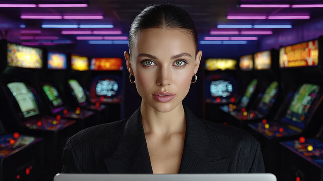 Modern person engages with futuristic technology in retro arcade hall filled with classic machines