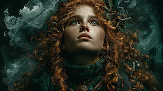 Dark fantasy poster featuring young red-haired woman with mystical elements in gloomy setting