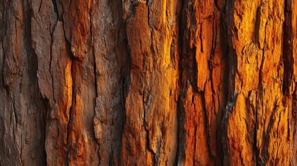 Flat lay of vertical tree trunk illuminated by warm golden hour sunlight, bark texture glowing softly with orange-gold tones