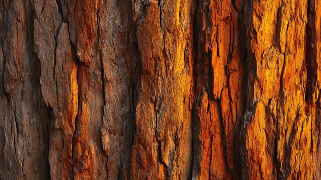 Flat lay of vertical tree trunk illuminated by warm golden hour sunlight, bark texture glowing softly with orange-gold tones - Powered by Adobe