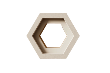 A 3D rendered geometric design featuring a layered hexagon against a black background