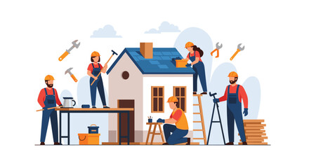 Dynamic construction team building a house, showcasing teamwork and skilled labor, symbolizing home improvement and property development projects now