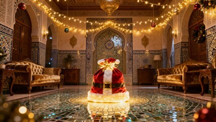Fototapeta premium Santa’s Glowing Gift Bag in Middle Eastern Mosaic Room with Festive Christmas Lights”