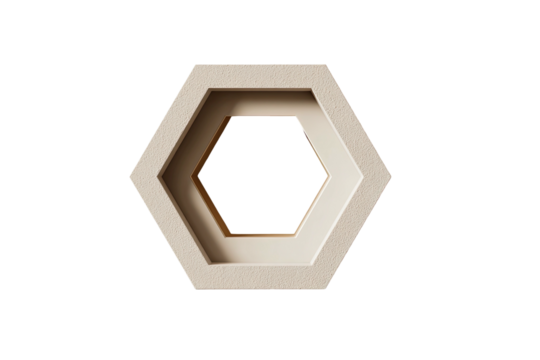 A 3D rendered geometric design featuring a layered hexagon against a black background - Powered by Adobe