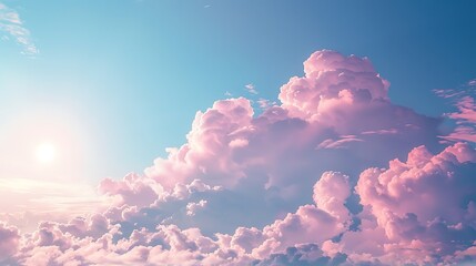 A dreamy sky filled with fluffy pink clouds and a bright sun shining in the upper left corner