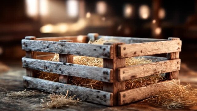 A weathered wooden crate, filled with hay, sits in a barn-like space with blurred background