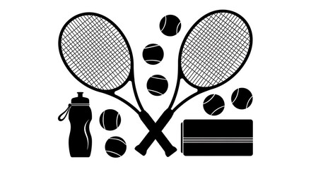 Tennis Equipment Set with Rackets Balls Water Bottle and Towel.
