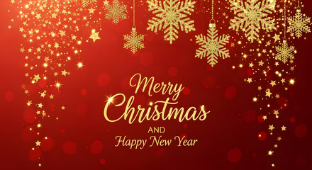Merry Christmas and Happy New Year with a sparkling red background, falling stars, and hanging golden snowflake ornaments.