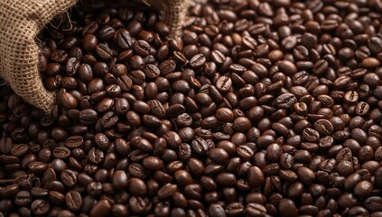 Fototapeta premium Brown Beans Cascade, with a Jute Sacks Edge, Forming a Dense and Textured Field.