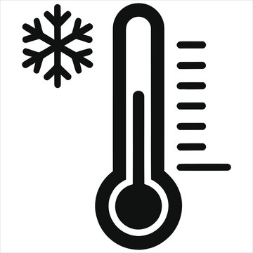 Minimalist Winter Thermometer Vector Icon &ndash; Flat Black Cold Temperature Gauge with Snowflake, Isolated Low Temp Measurement Symbol for Seasonal Weather Design (Monochrome, White Background)