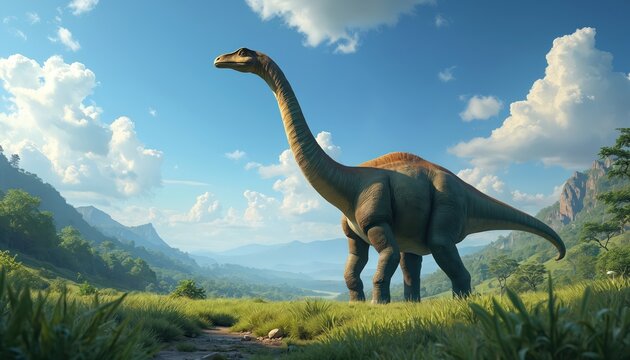 Giant dinosaur stands in grass vale. Landscape with prehistoric creature, blue sky. Long neck reptile walk outdoors. Evolution era scene. Animal in wild nature park. Jurassic landscape with dinosaur.