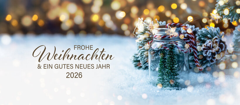 Christmas greeting card with text in German - Frohe Weihnachten means Merry Christmas and Happy New Year 2026 - Beautiful xmas decoration with Christmas tree in snow - Background banner, header - Powered by Adobe