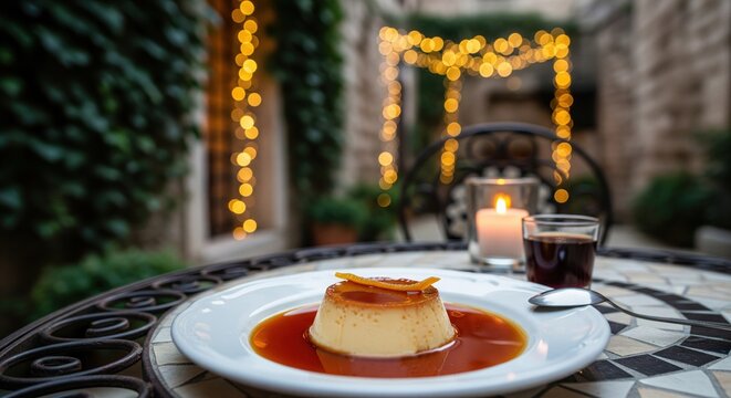 Rozata a traditional croatian caramel custard dessert in a romantic restaurant courtyard - Powered by Adobe