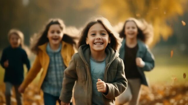 A group of children are running in a park. One of the children is wearing a shirt with a car on it