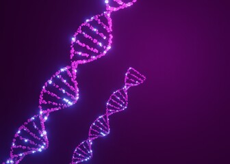 Abstract 3D Render of Glowing DNA Double Helix Structure on a Vibrant Neon Gradient Background for Genetics Biotechnology and Science Concept