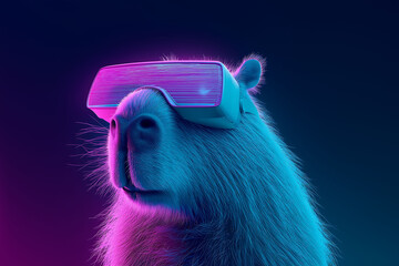 A futuristic 3D neon capybara in VR goggles with holographic reflections on a minimalistic background