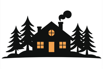 Obraz premium Cozy Cabin Glowing in Winter Night Vector - Snowy Pine Forest, Warm Lit Rustic Cabin with Glowing Windows, Holiday Season Illustration | Minimalist Flat Design, Festive Scene, Winter Wonderland Art