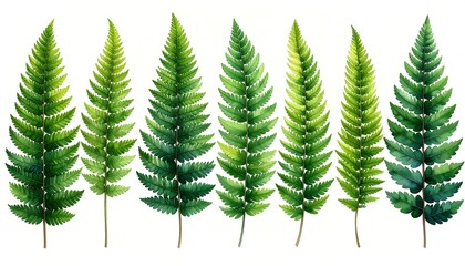 Watercolor painting of seven fern leaves in varying shades of green, arranged horizontally on a white background. Each leaf is detailed and realistic