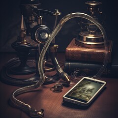 Steampunk Era Meets Modern Age Antique Device and Phone on Wooden Table, Nostalgic Fusion