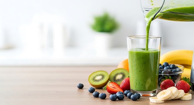 Pouring a vibrant green smoothie into a glass surrounded by fresh fruits on a wooden table with a blurred kitchen backdrop