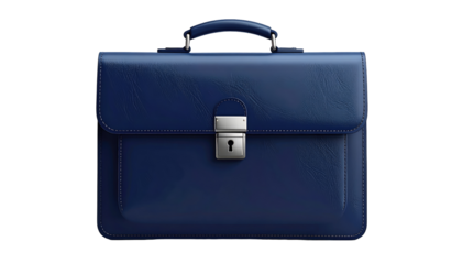 A close-up illustration of a closed, rectangular blue leather briefcase, featuring a silver lock, handle, and clasp