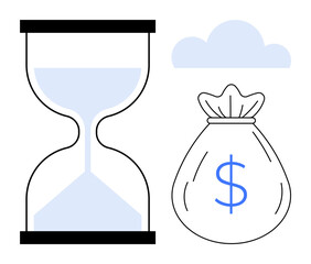 Fototapeta premium Hourglass with flowing sand beside a money bag and cloud. Ideal for time management, investment, finance, wealth, savings, deadlines, productivity themes. Simple flat metaphor