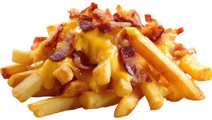 A close-up of a pile of french fries smothered in melted cheese and crispy bacon bits