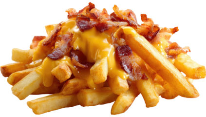 A close-up of a pile of french fries smothered in melted cheese and crispy bacon bits