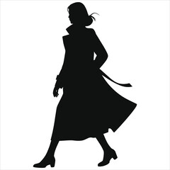 Stylish Winter Fashion Silhouette: Woman in Long Trench Coat, Elegant Dress & Boots, Minimalist Vector Art, Chic Cold Weather Outfit, Fashionable Black & White Illustration for Designers