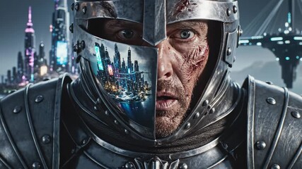 Wounded knight wearing futuristic armor reflecting a sprawling neon cityscape, symbolizing a battle between ancient traditions and modern technology in a dark, dystopian future - Powered by Adobe