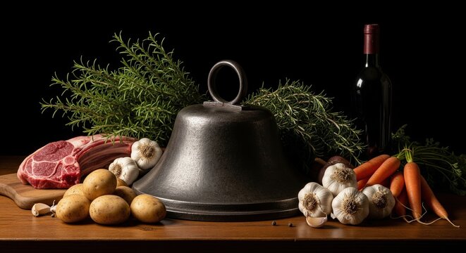 Still life of raw lamb rack with vegetables and a cast iron bell cloche for a rustic dinner - Powered by Adobe