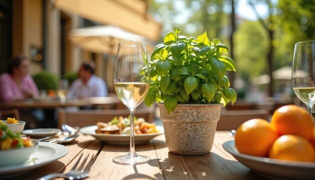 Outdoor dining table set with wine glass, salad, oranges, and basil plant. People dine at a restaurant patio. Sunlight illuminates table setting. Refreshing meal ambiance.