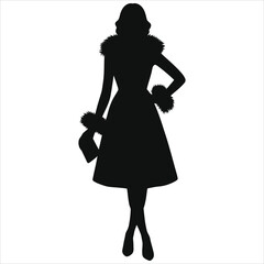 Elegant Winter Fashion Silhouette of Woman in Fur-Trimmed Holiday Party Dress Holding Clutch – Stylish Vector Illustration for Christmas, New Year Events, Seasonal and Festive Themes