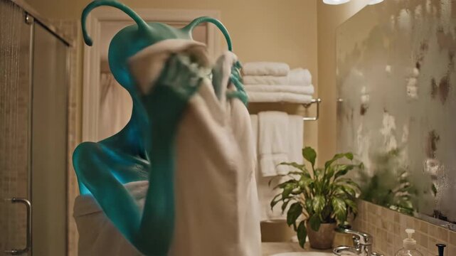 Green alien creature standing in a steamy bathroom wrapped in a white towel, looking at a folded towel on the sink counter, depicting an extraterrestrial experiencing human daily life