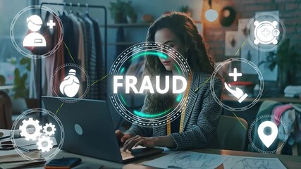 E-Commerce Fraud & Digital Security Risk: Designer Working on Laptop with Cyber Crime, Identity Theft, and Data Protection Concept. - Powered by Adobe