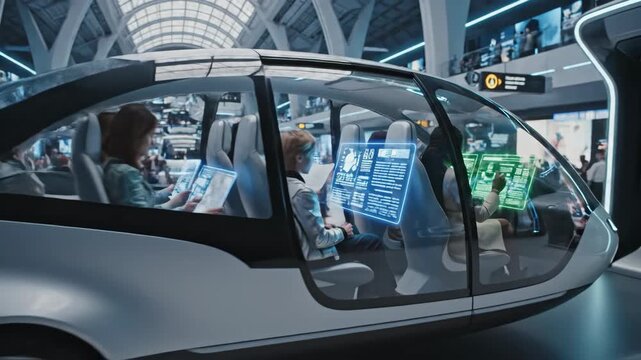People traveling through a modern airport terminal using autonomous electric vehicles and holographic interfaces, showcasing smart city mobility, efficiency, and futuristic public transport - Powered by Adobe
