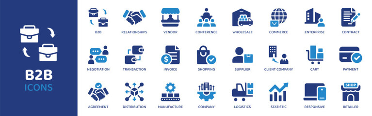 B2B - Icon Collection. Thin Line Set contains such Icons as business, partner, deal, contract, agreement, collaboration, network, corporate, client, vendor, supplier and more. Simple web icons set.