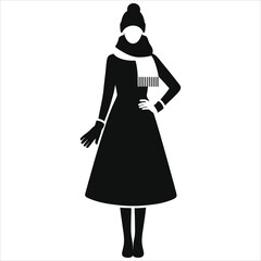 Minimalist Winter Fashion Woman Vector Silhouette with Hat, Scarf & Gloves. Elegant Cold Weather Outfit Icon.